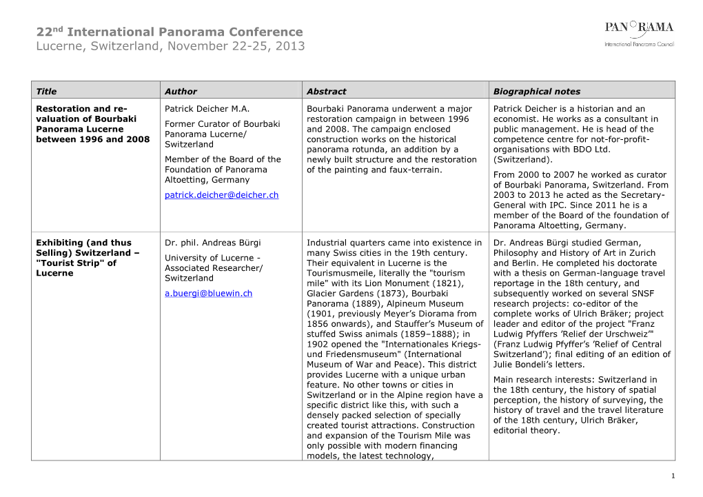 22Nd International Panorama Conference Lucerne, Switzerland, November 22-25, 2013