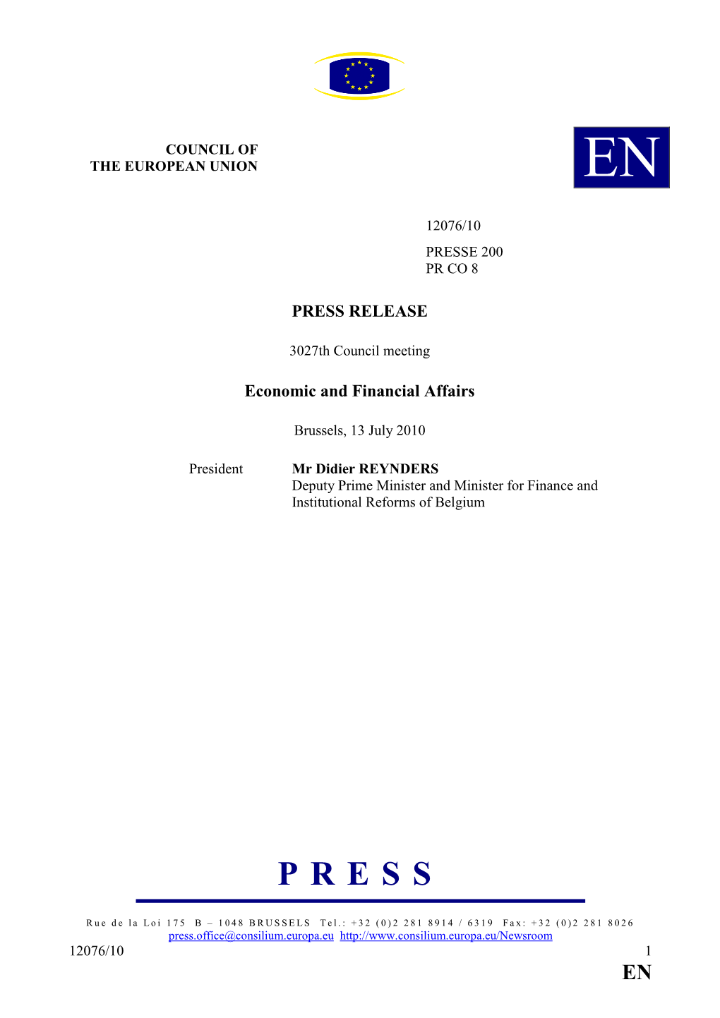 PRESS RELEASE Economic and Financial Affairs