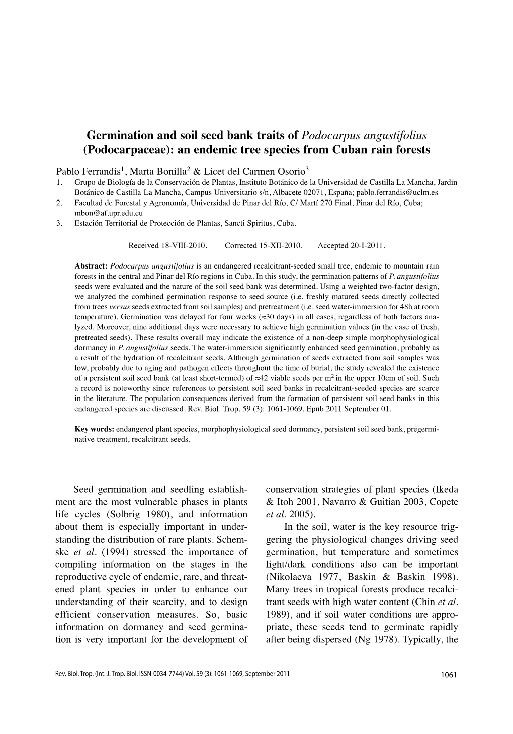 Germination and Soil Seed Bank Traits of Podocarpus Angustifolius (Podocarpaceae): an Endemic Tree Species from Cuban Rain Forests