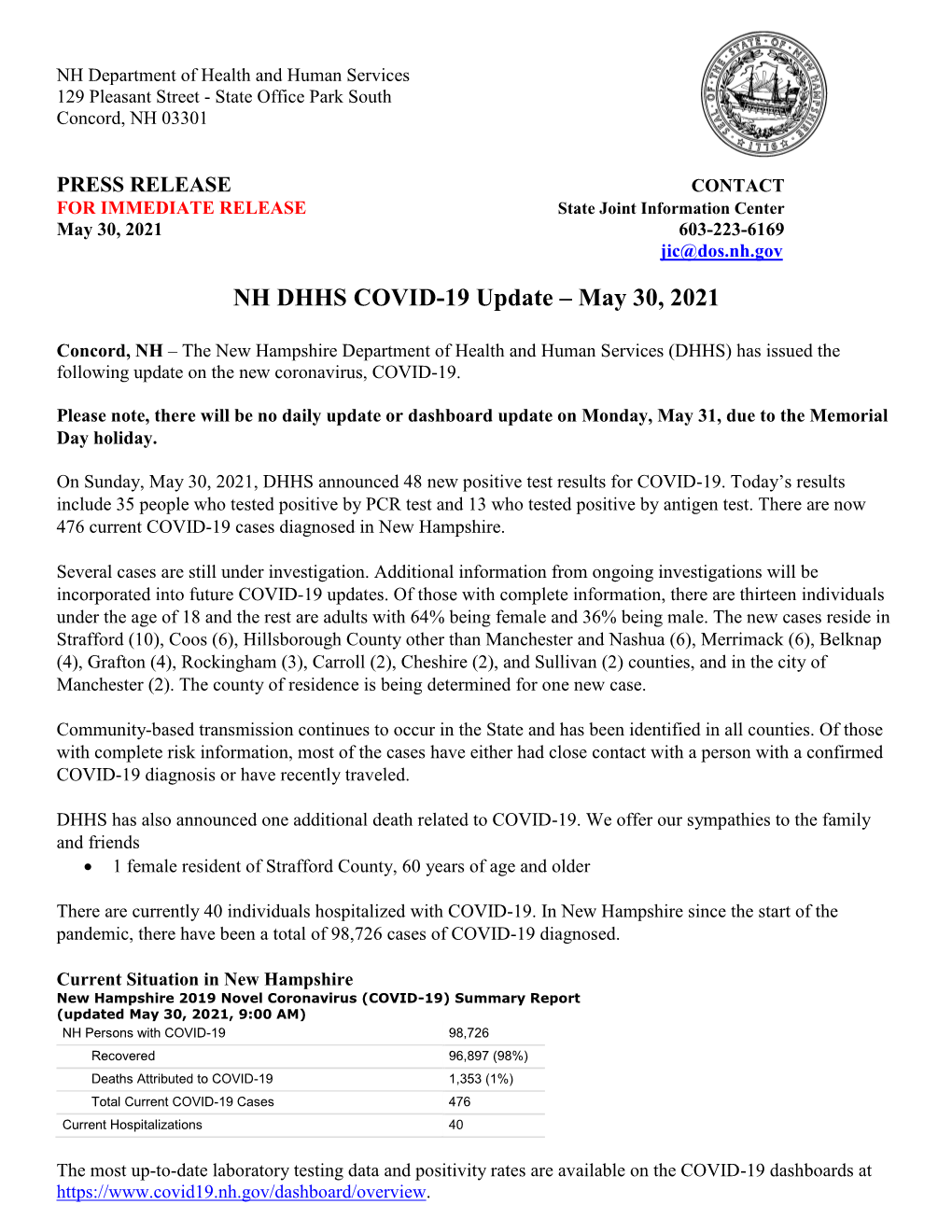 NH DHHS COVID-19 Update – May 30, 2021