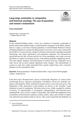 Long-Range Continuities in Comparative and Historical Sociology: the Case of Parasitism and Women’S Enslavement