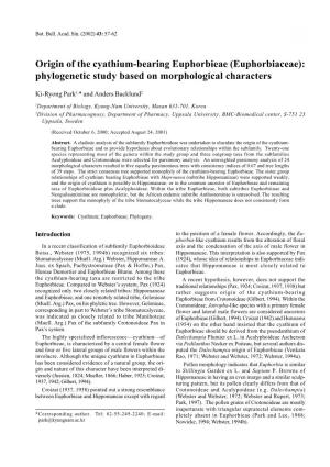 Origin of the Cyathium-Bearing Euphorbieae (Euphorbiaceae): Phylogenetic Study Based on Morphological Characters