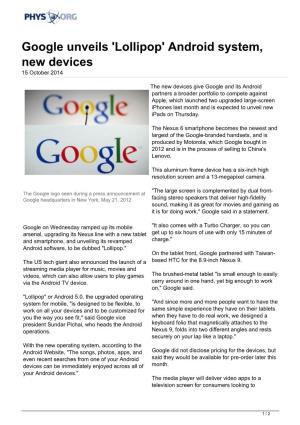 Google Unveils 'Lollipop' Android System, New Devices 15 October 2014