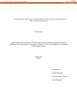 THE CASE of MUTASAREEN-E- MIRANI DAM MOVEMENT Ahsan Kamal a Thesis Submitted to the Faculty