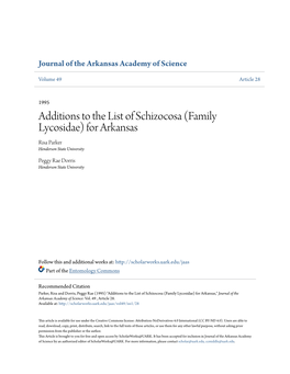 Additions to the List of Schizocosa (Family Lycosidae) for Arkansas Risa Parker Henderson State University