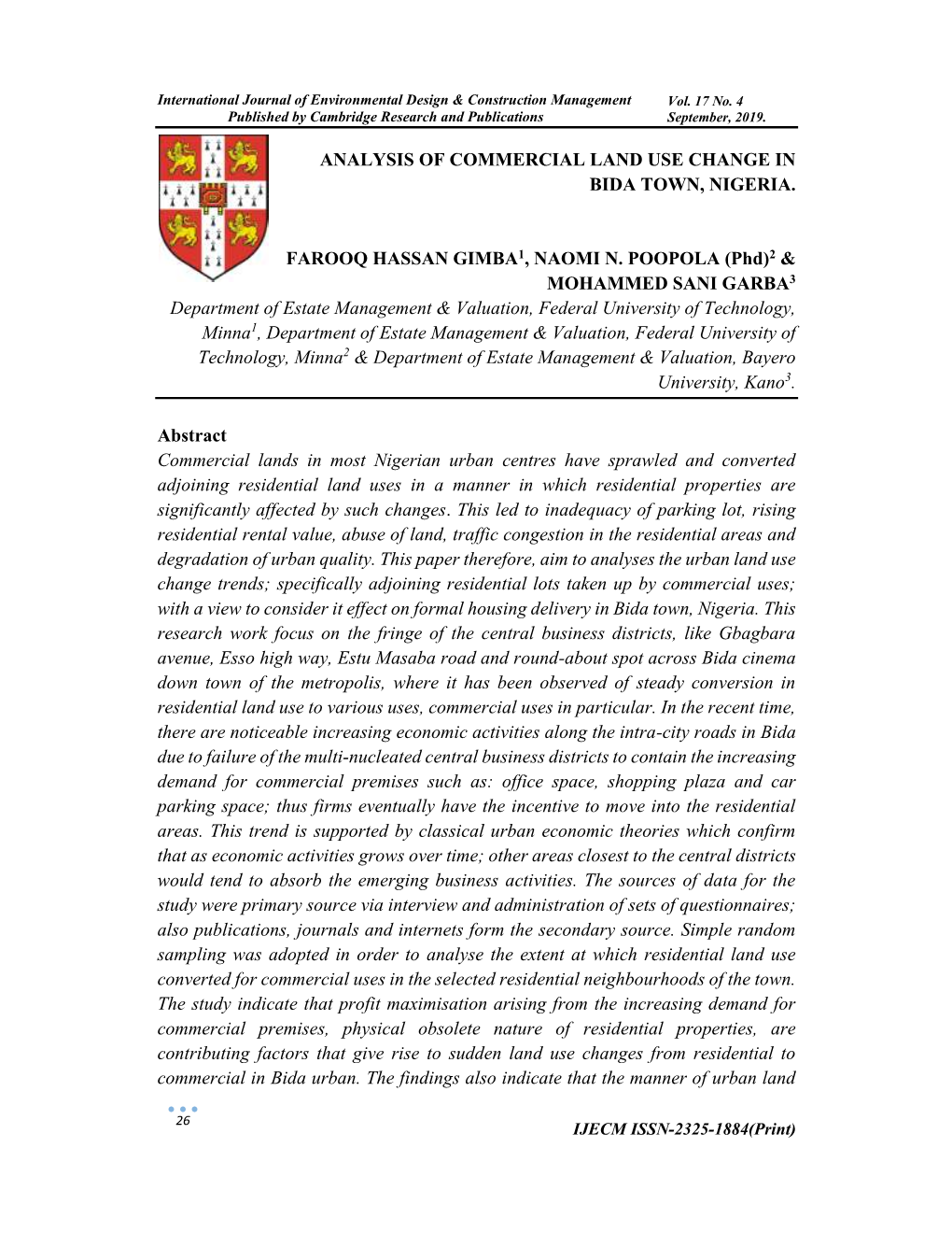 Analysis of Commercial Land Use Change in Bida Town, Nigeria