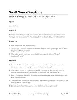 Small Group Questions Week of Sunday, April 25Th, 2021 — “Victory in Jesus”