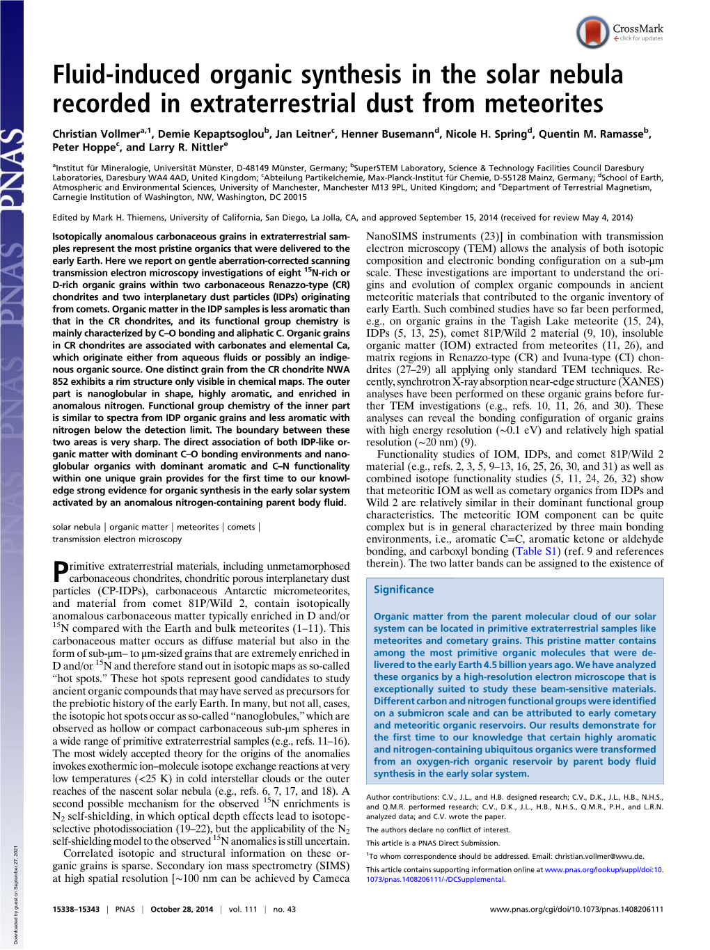 Fluid-Induced Organic Synthesis in the Solar Nebula Recorded in Extraterrestrial Dust from Meteorites