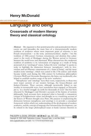 Language and Being Provided by SHAREOK Repository Crossroads of Modern Literary Theory and Classical Ontology