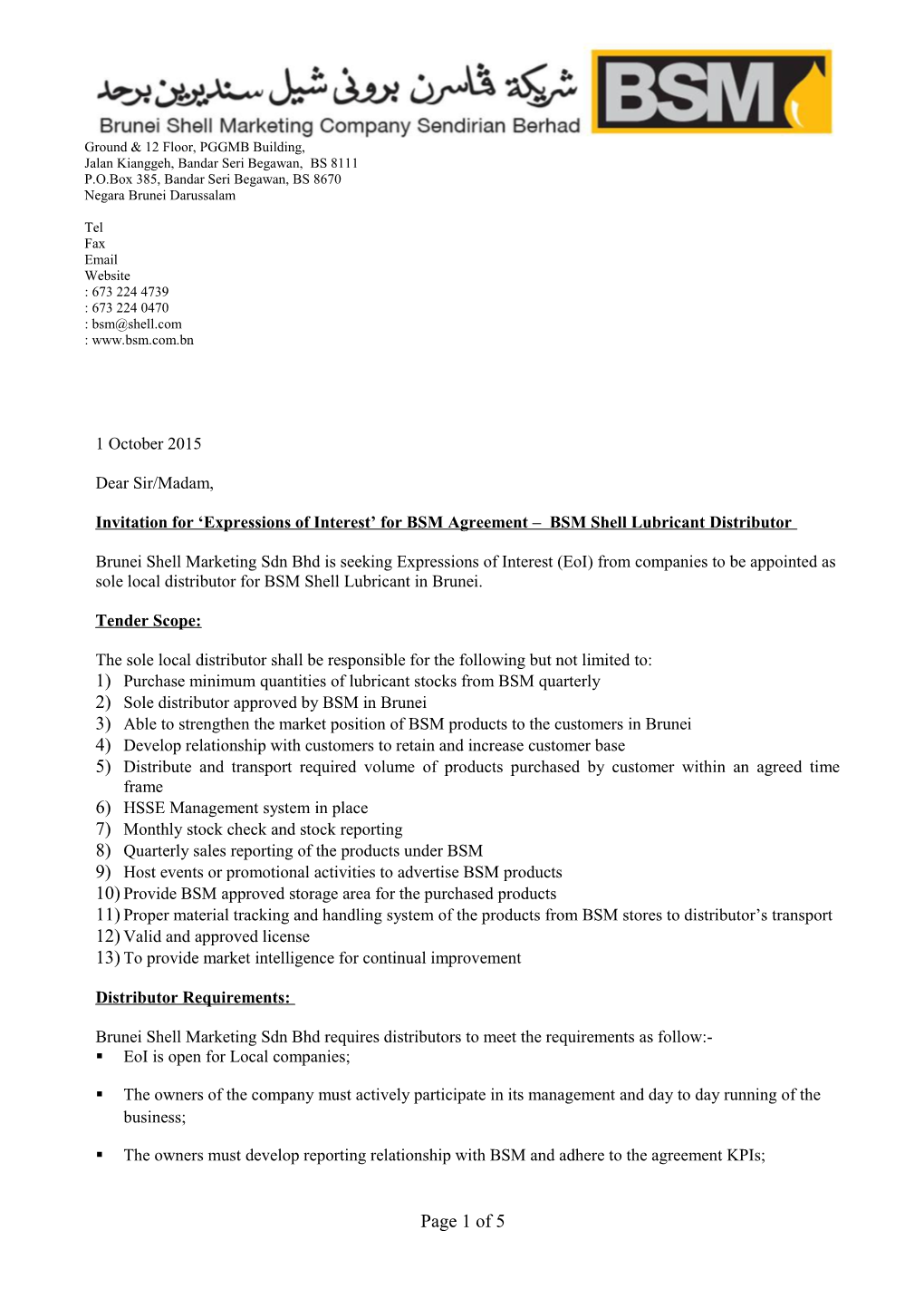 Invitation for Expressions of Interest for BSM Agreement BSM Shell Lubricant Distributor