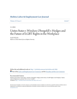 Unites States V. Windsor, Obergefell V. Hodges and the Future of LGBT Rights in the Workplace Sarah Wheeler Maurice A