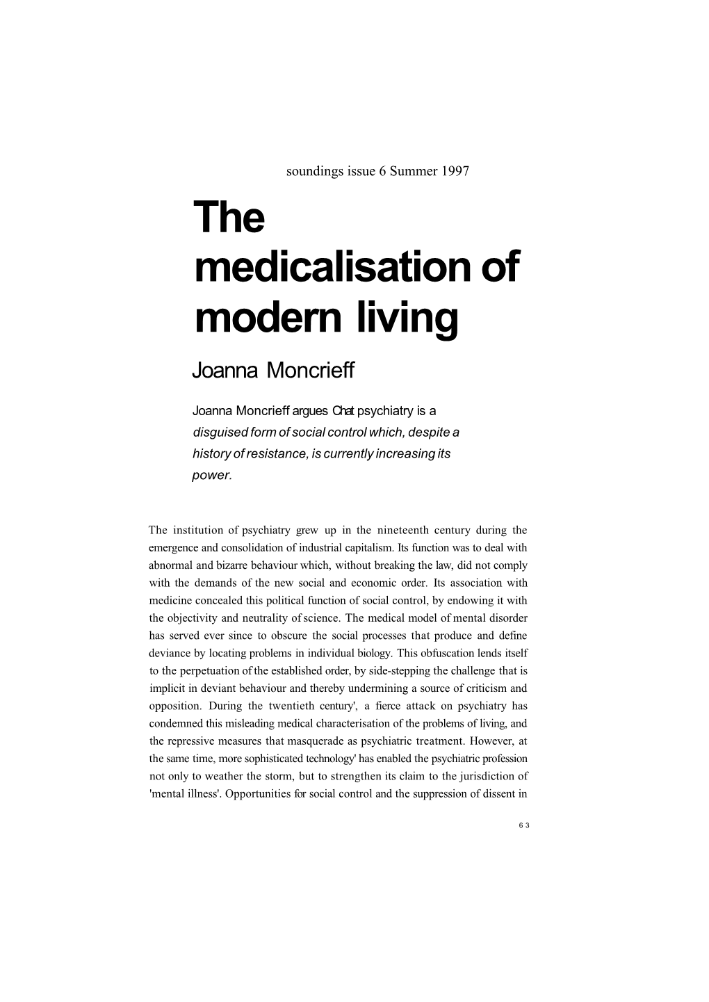 The Medicalisation of Modern Living Joanna Moncrieff