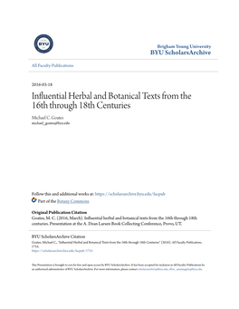 Influential Herbal and Botanical Texts from the 16Th Through 18Th Centuries Michael C