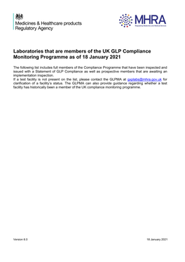 GLP Compliance Monitoring Programme As of 18 January 2021