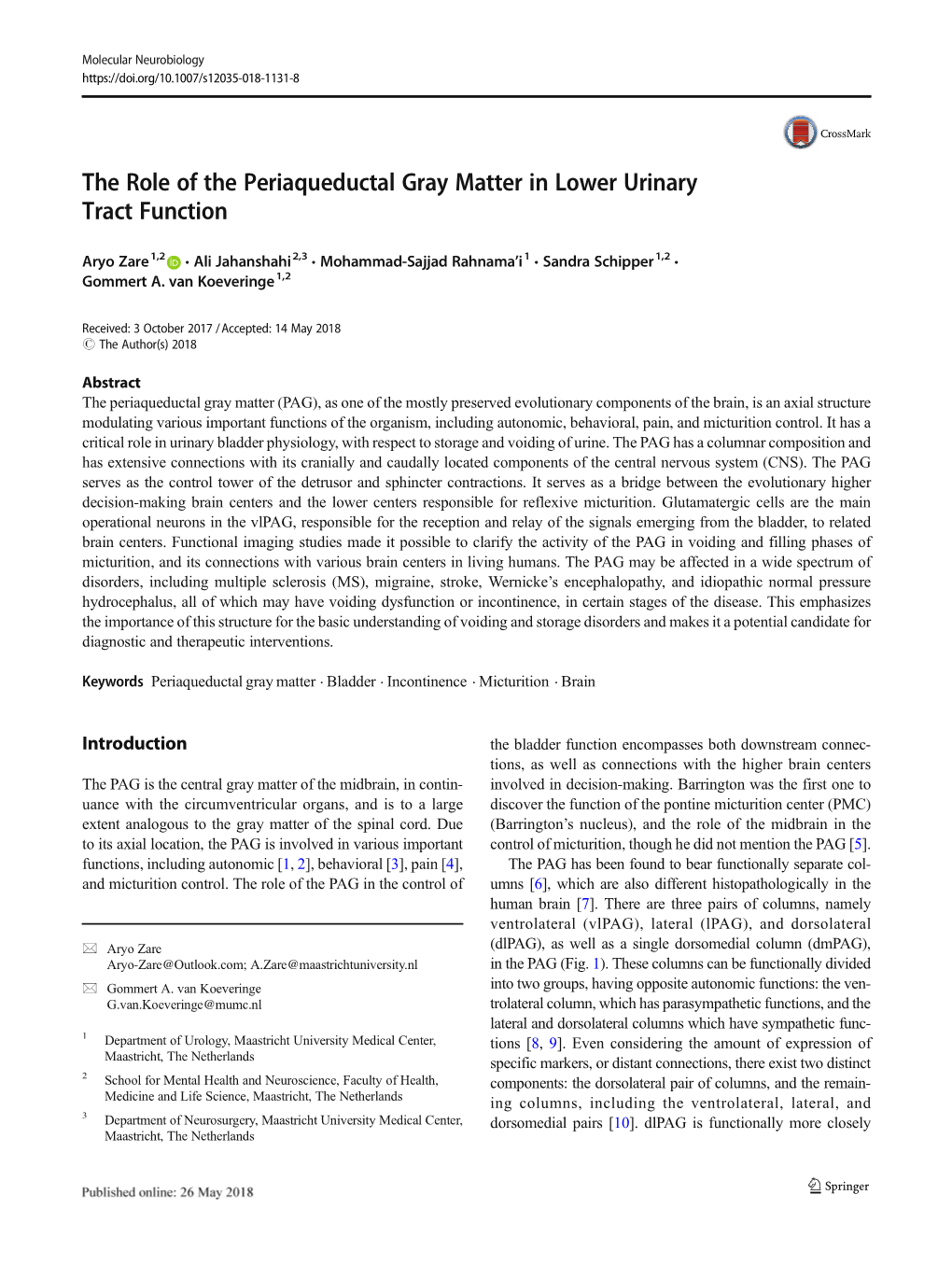 The Role of the Periaqueductal Gray Matter in Lower Urinary Tract Function