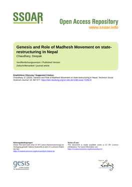 Genesis and Role of Madhesh Movement on State- Restructuring in Nepal Chaudhary, Deepak