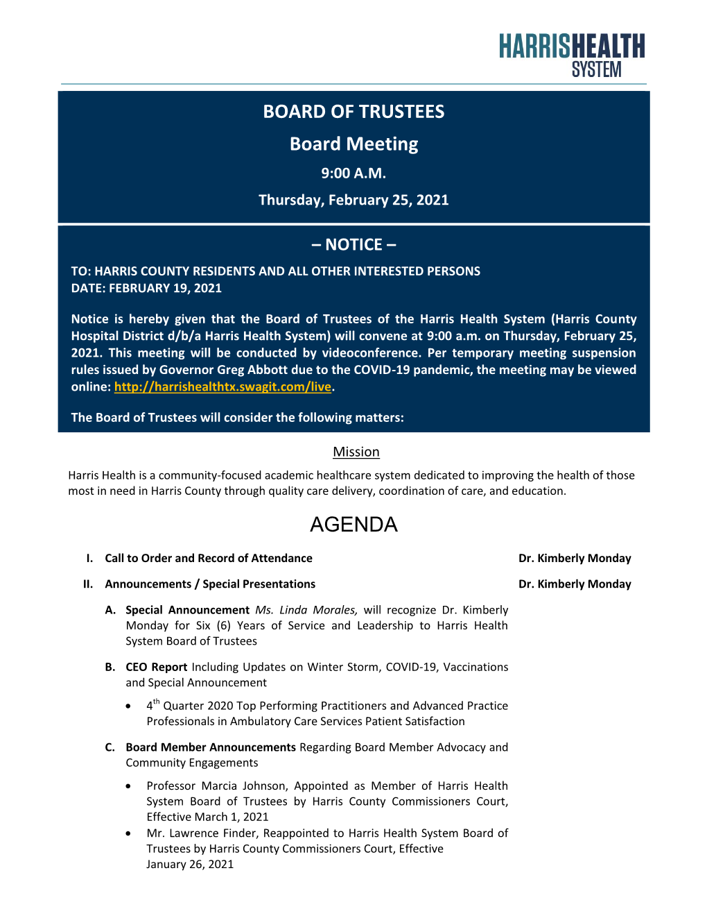 BOARD of TRUSTEES Board Meeting AGENDA