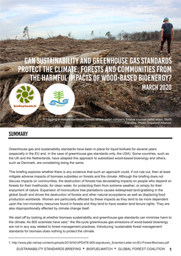 Can Sustainability and Greenhouse Gas Standards Protect the Climate, Forests and Communities from the Harmful Impacts of Wood-Based Bioenergy? March 2020