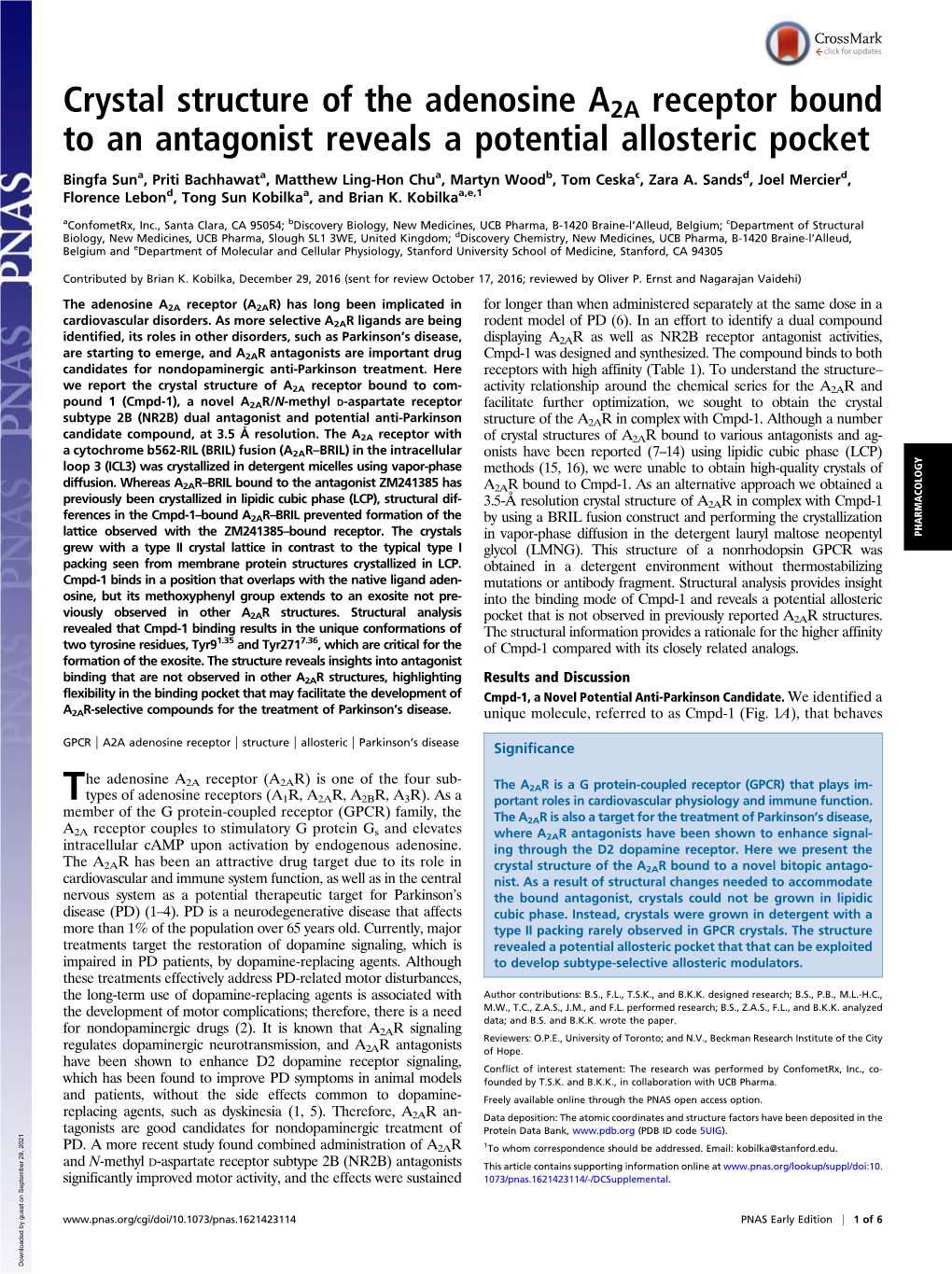 Crystal Structure of the Adenosine A2A Receptor Bound to an Antagonist Reveals a Potential Allosteric Pocket