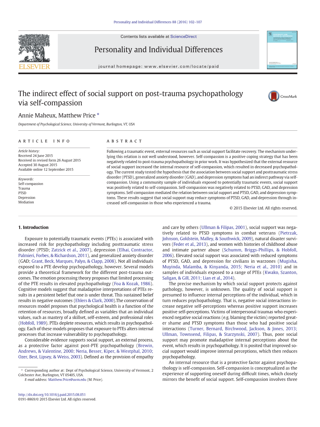 The Indirect Effect of Social Support on Post-Trauma Psychopathology Via Self-Compassion