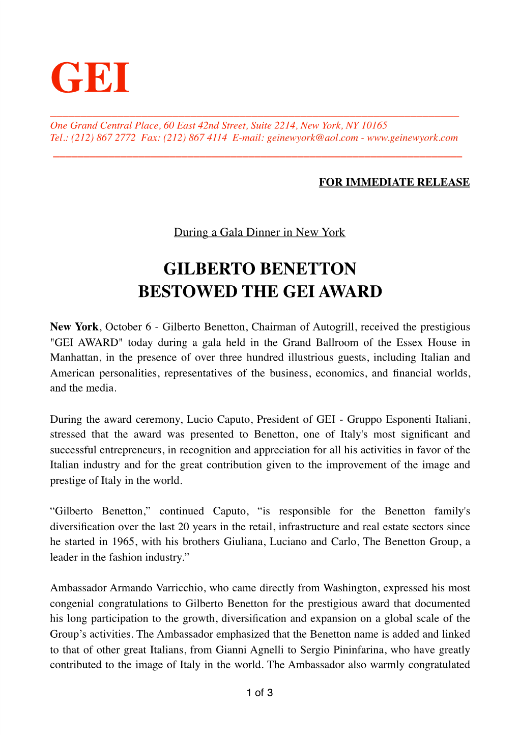 Gilberto Benetton Bestowed the Gei Award