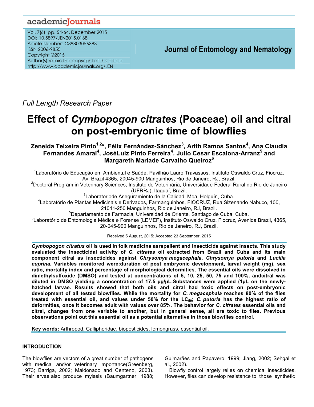 Oil and Citral on Post-Embryonic Time of Blowflies