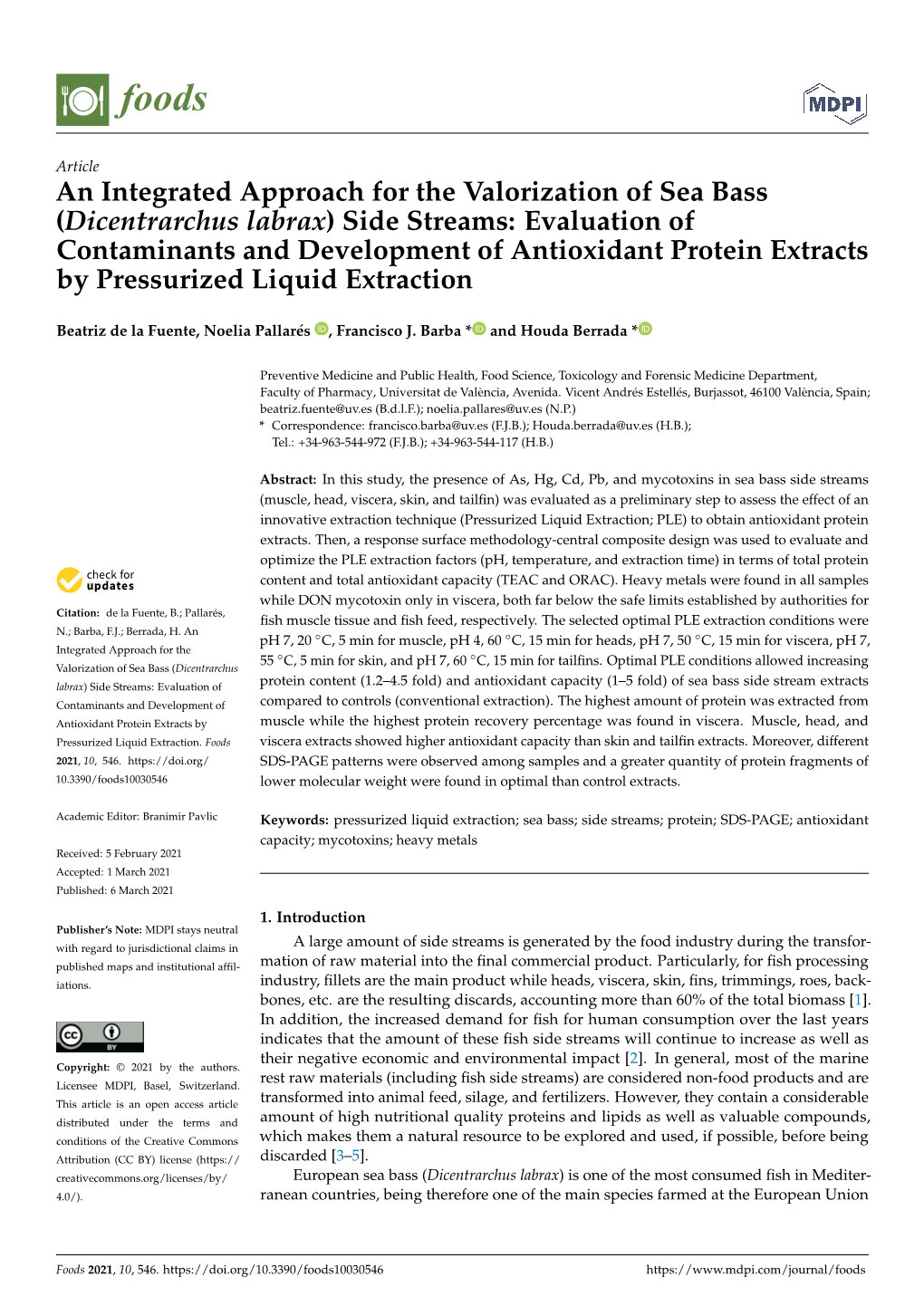 (Dicentrarchus Labrax) Side Streams: Evaluation of Contaminants and Development of Antioxidant Protein Extracts by Pressurized Liquid Extraction