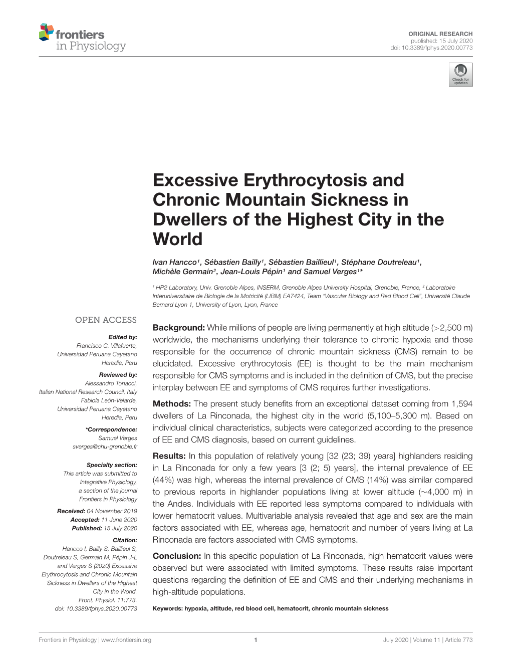 Excessive Erythrocytosis and Chronic Mountain Sickness in Dwellers of the Highest City in the World