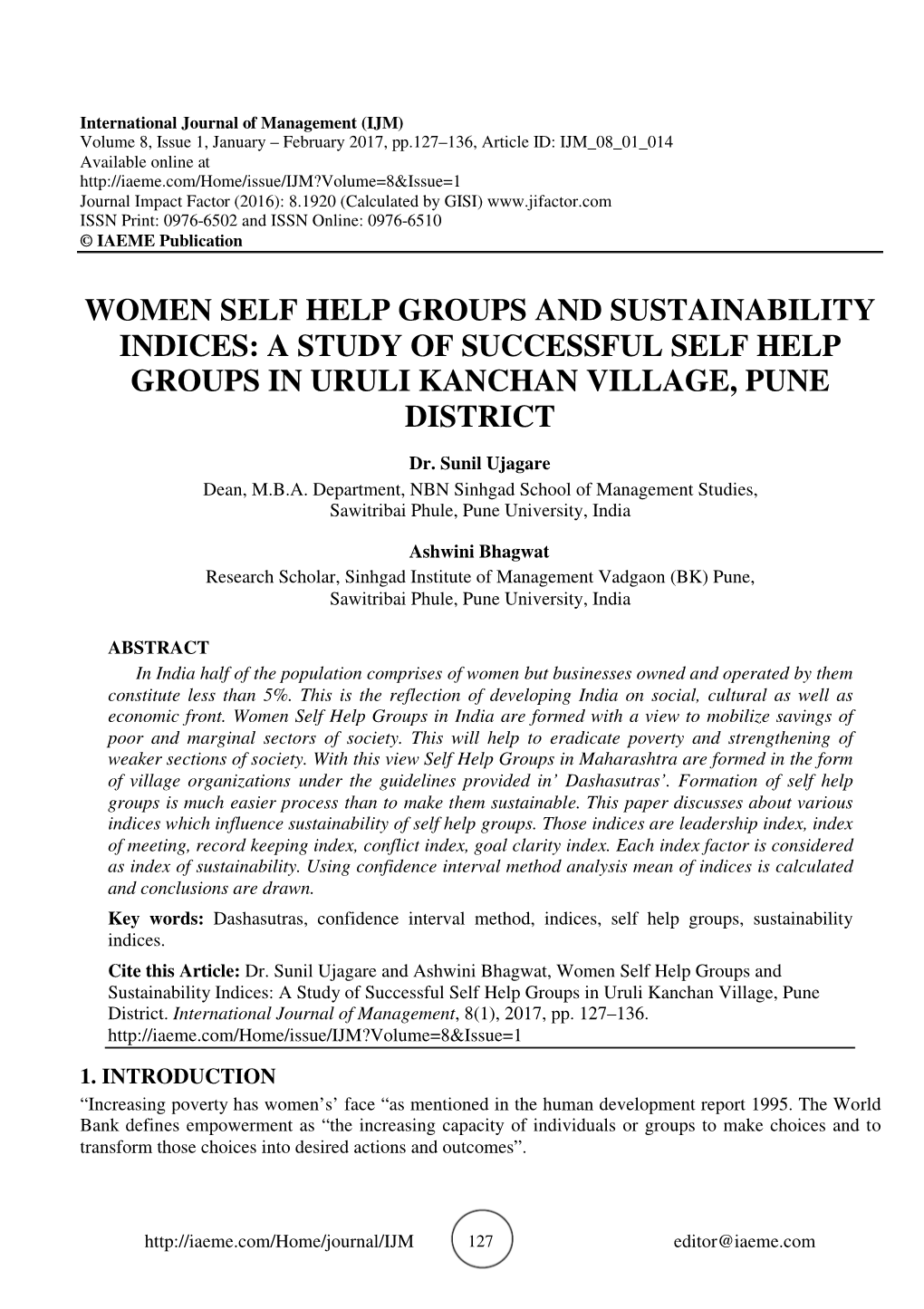 Women Self Help Groups and Sustainability Indices: a Study of Successful Self Help Groups in Uruli Kanchan Village, Pune District