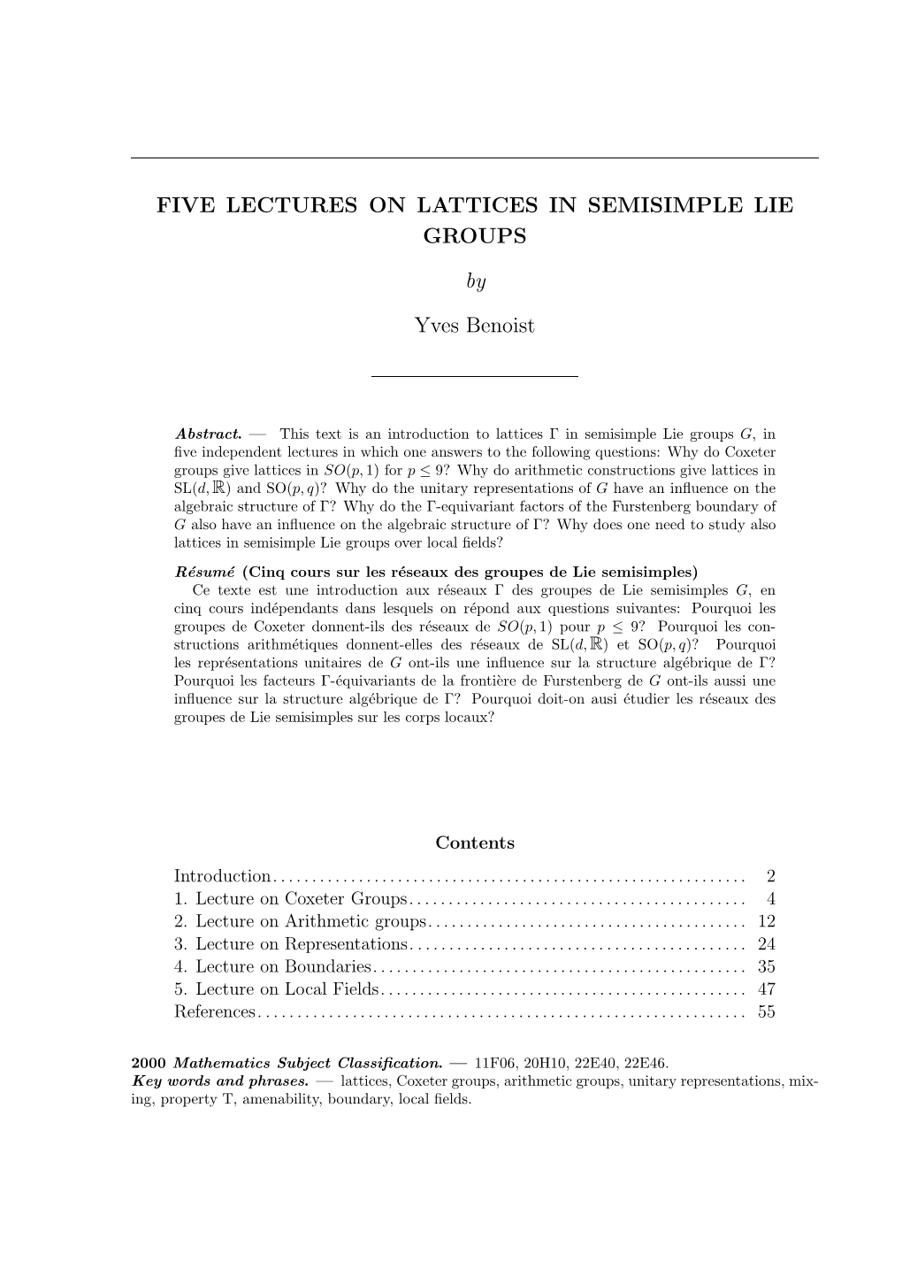 FIVE LECTURES on LATTICES in SEMISIMPLE LIE GROUPS by Yves Benoist