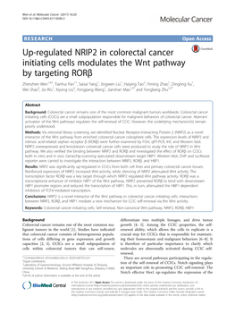 Up-Regulated NRIP2 in Colorectal Cancer Initiating Cells Modulates the Wnt Pathway by Targeting Rorβ