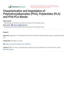 Characterization and Degradation of Polyhydroxyalkanoates (PHA), Polylactides (PLA) and PHA-PLA Blends