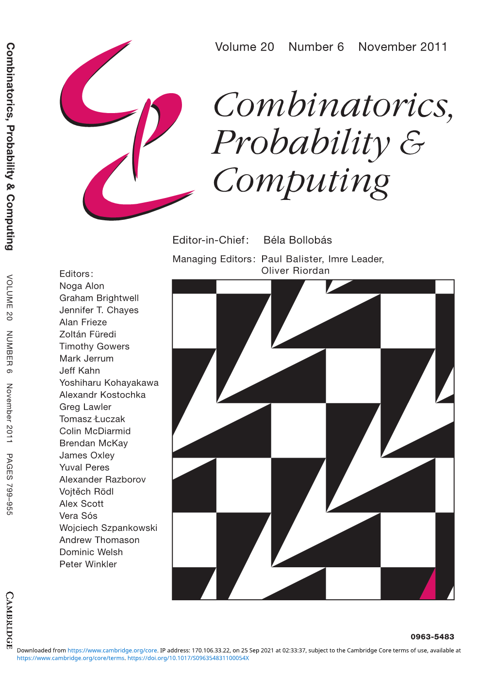 Volume 20 Number 6 November 2011 Combinatorics, Probability & Computing Volume 20 Number 6 November 2011