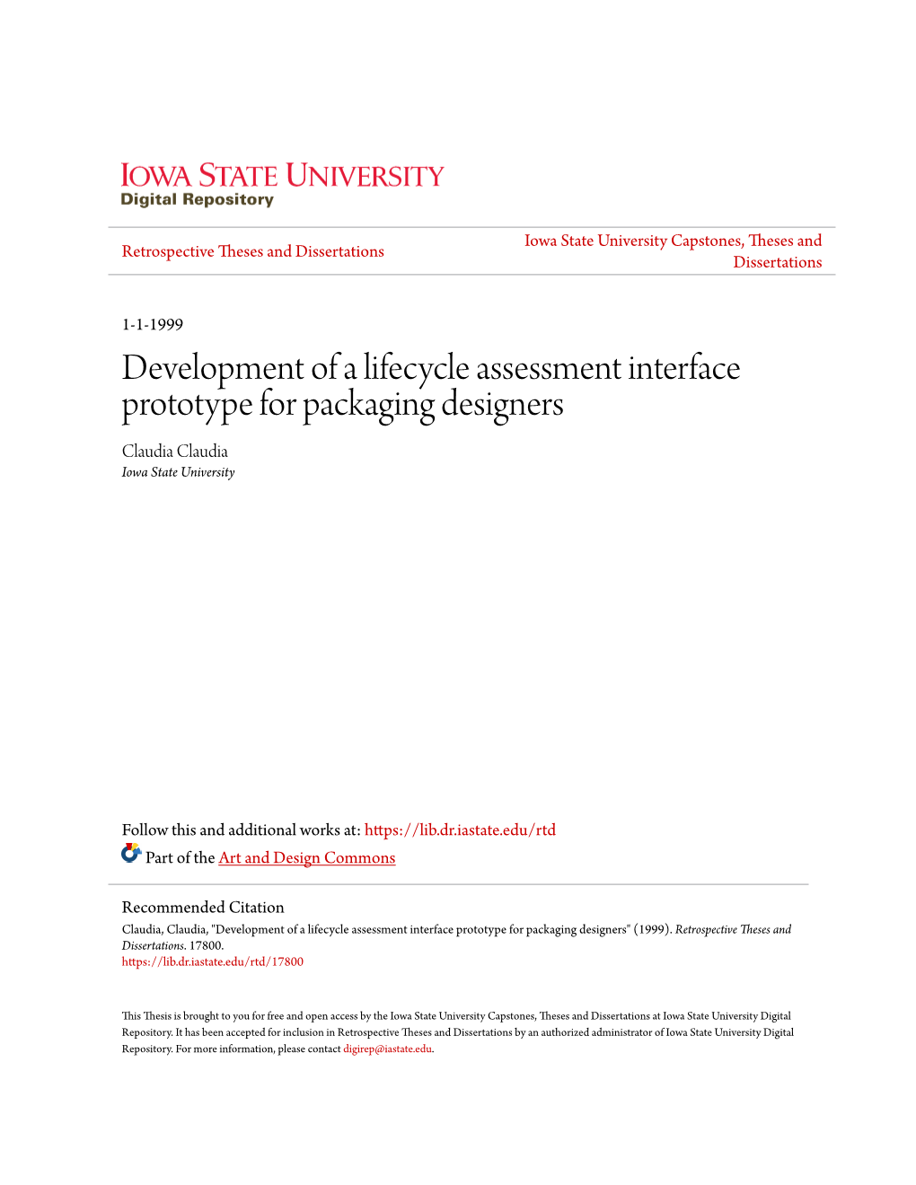 Development of a Lifecycle Assessment Interface Prototype for Packaging Designers Claudia Claudia Iowa State University