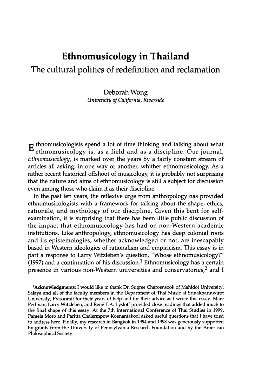 Ethnomusicology in Thailand the Cultural Politics of Redefinition and Reclamation