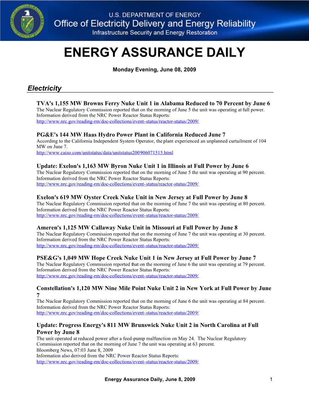 Energy Assurance Daily, June 8, 2009