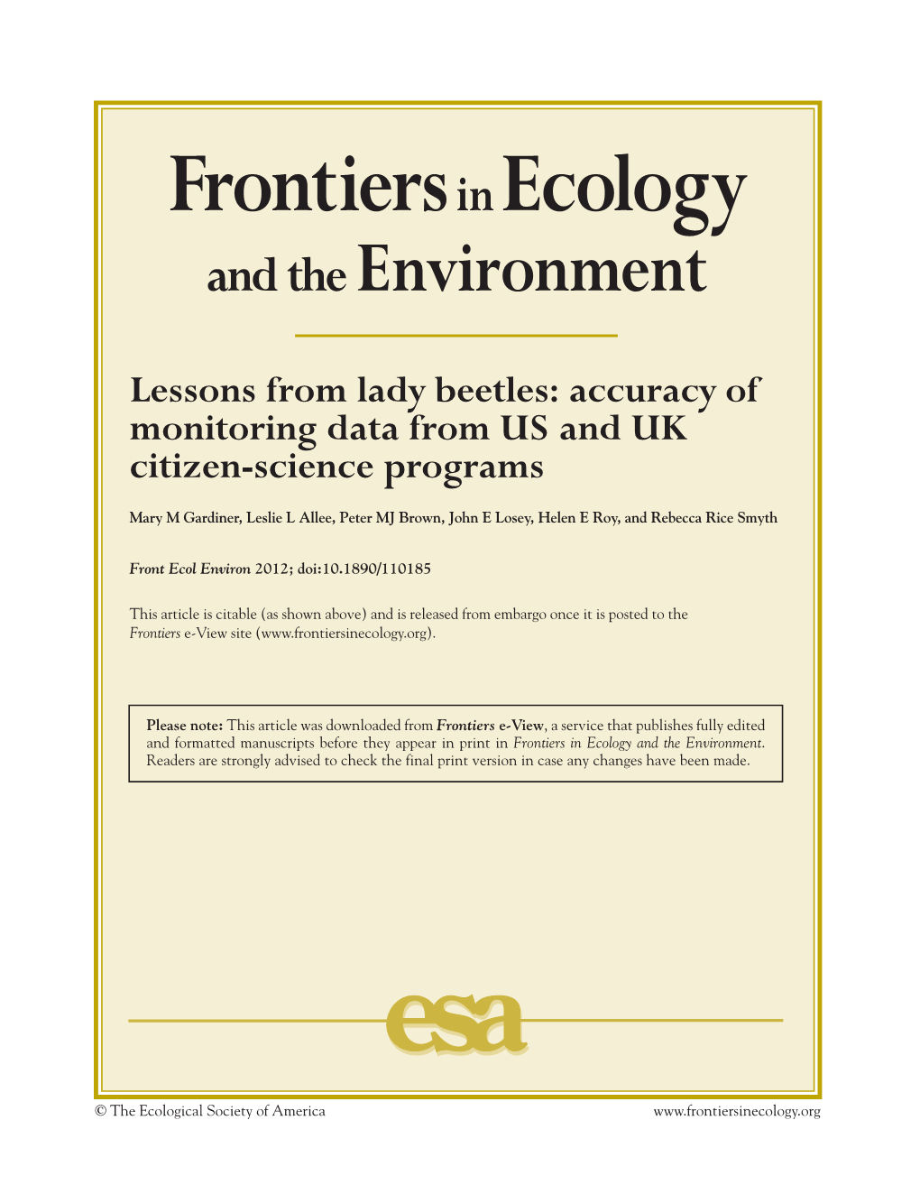 Frontiers in Ecology and the Environment