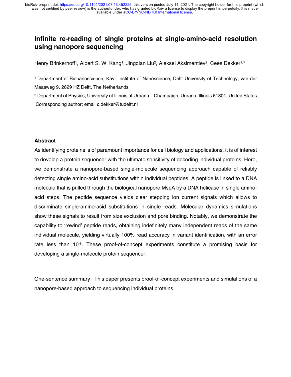 Infinite Re-Reading of Single Proteins at Single-Amino-Acid Resolution Using Nanopore Sequencing