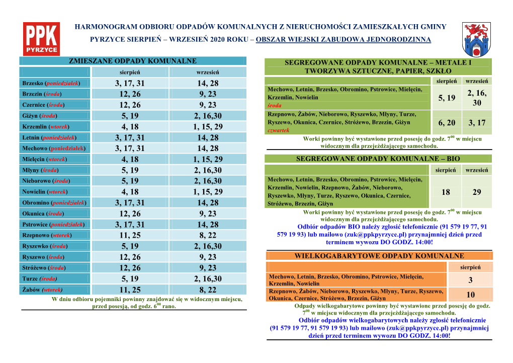 Harmonogram Odbioru Odpadów Komunalnych Z Nieruchomości Zamieszkałych Gminy Pyrzyce Sierpień – Wrzesień 2020 Roku – Obszar Wiejski Zabudowa Jednorodzinna