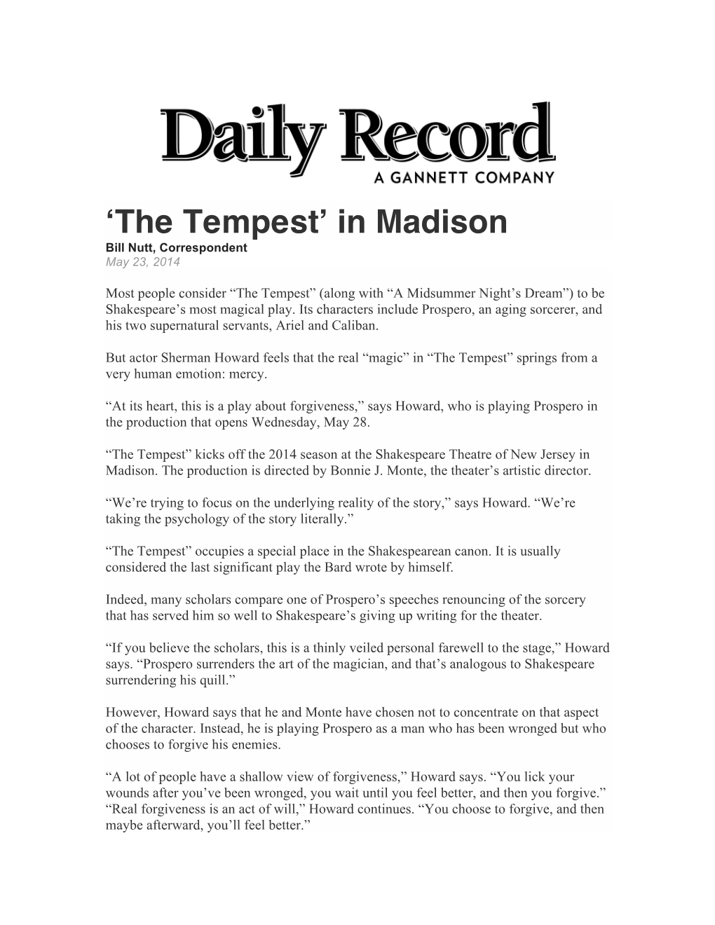 The Tempest’ in Madison Bill Nutt, Correspondent May 23, 2014