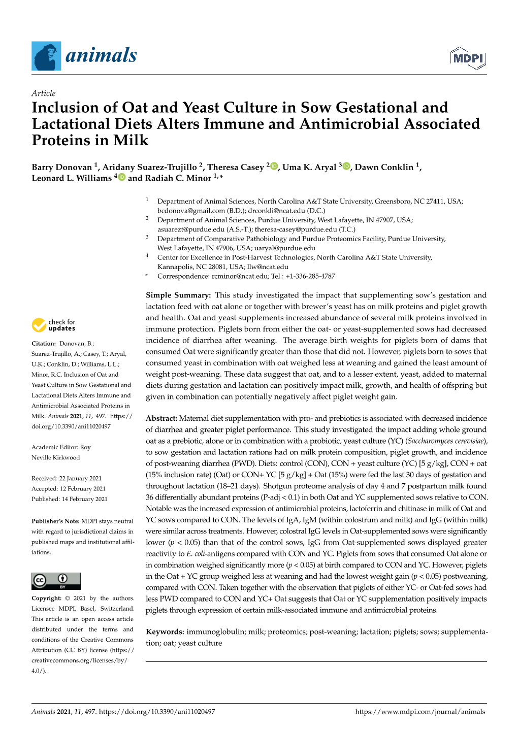 Inclusion of Oat and Yeast Culture in Sow Gestational and Lactational Diets Alters Immune and Antimicrobial Associated Proteins in Milk