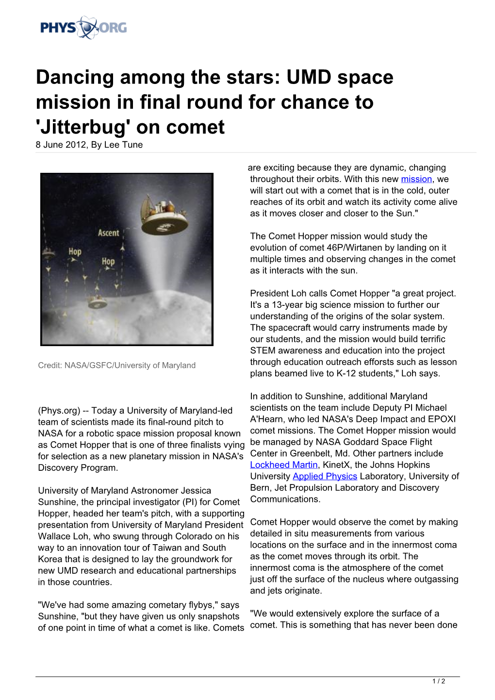 Dancing Among the Stars: UMD Space Mission in Final Round for Chance to 'Jitterbug' on Comet 8 June 2012, by Lee Tune