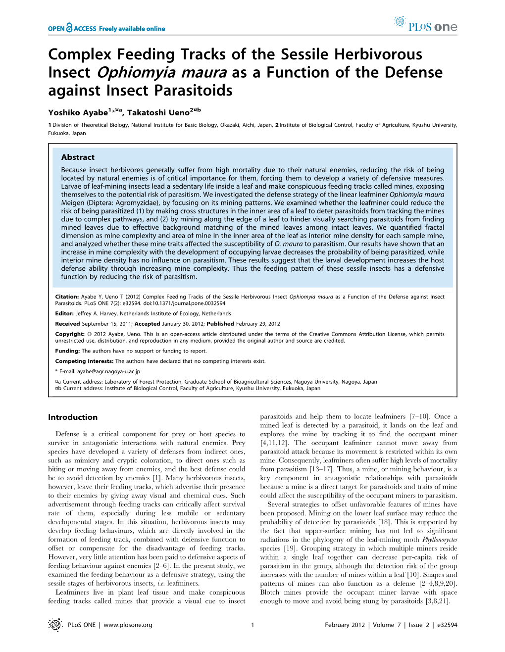 Complex Feeding Tracks of the Sessile Herbivorous Insect Ophiomyia Maura As a Function of the Defense Against Insect Parasitoids