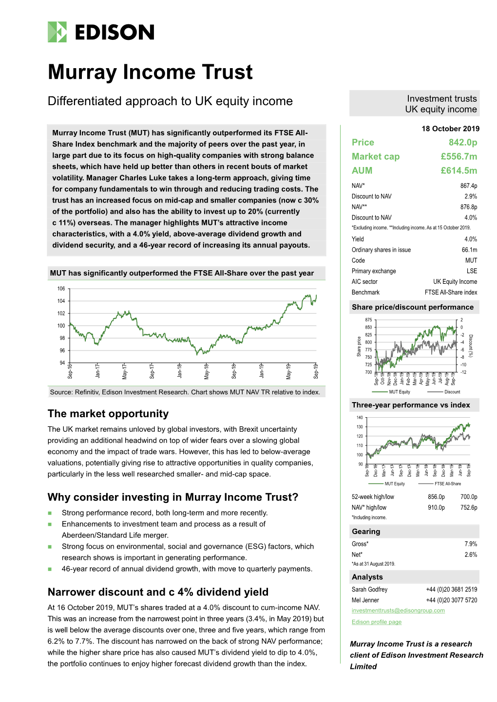 Murray Income Trust Differentiated Approach to UK Equity Income Investment Trusts UK Equity Income