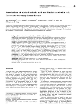 Associations of Alpha-Linolenic Acid and Linoleic Acid with Risk Factors for Coronary Heart Disease