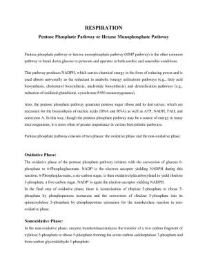 RESPIRATION Pentose Phosphate Pathway Or Hexose Monophosphate Pathway