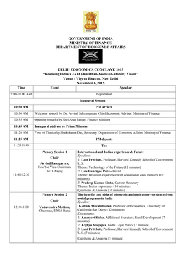 GOVERNMENT of INDIA MINISTRY of FINANCE DEPARTMENT of ECONOMIC AFFAIRS DELHI ECONOMICS CONCLAVE 2015 ―Realising India's