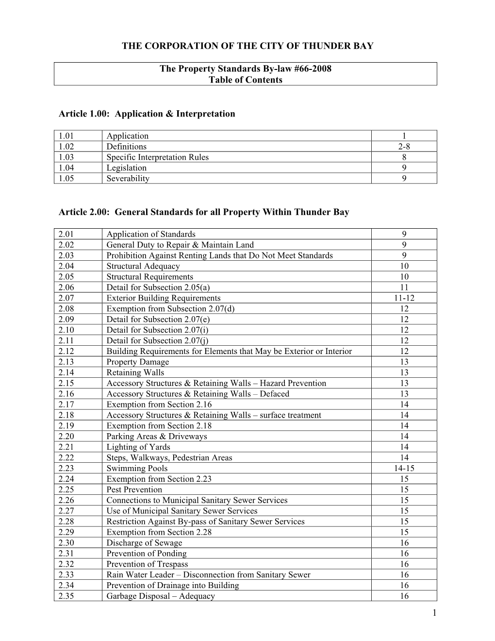 Property Standards By-Law #66-2008 Table of Contents