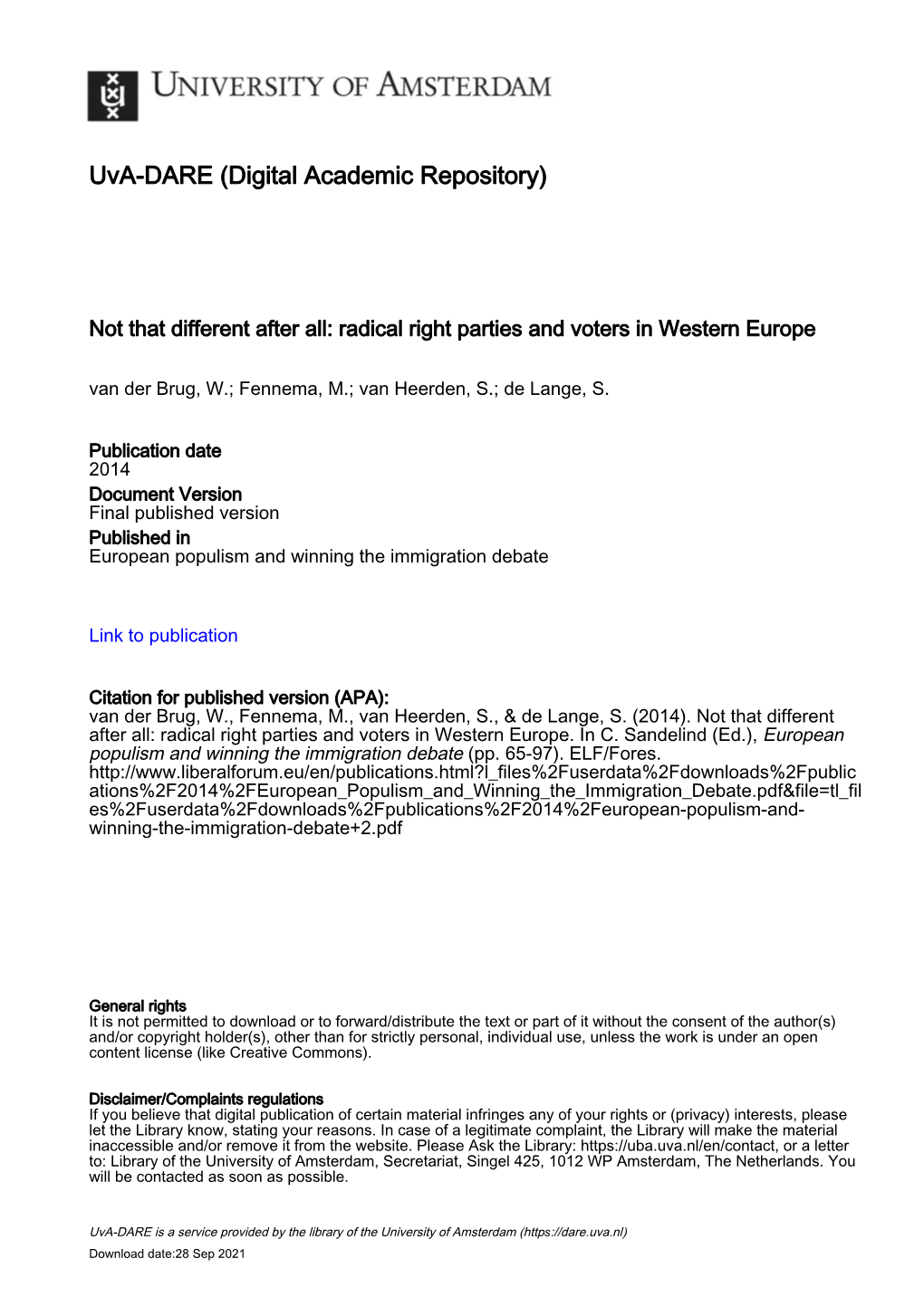 Radical Right Parties and Voters in Western Europe Van Der Brug, W.; Fennema, M.; Van Heerden, S.; De Lange, S