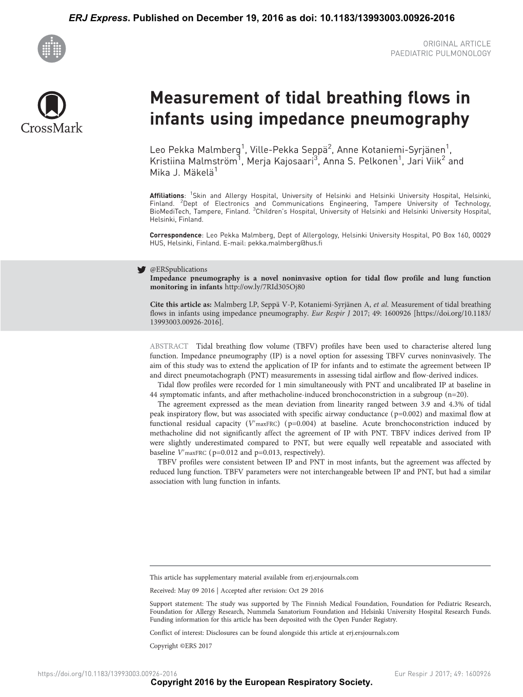 Measurement of Tidal Breathing Flows in Infants Using Impedance Pneumography